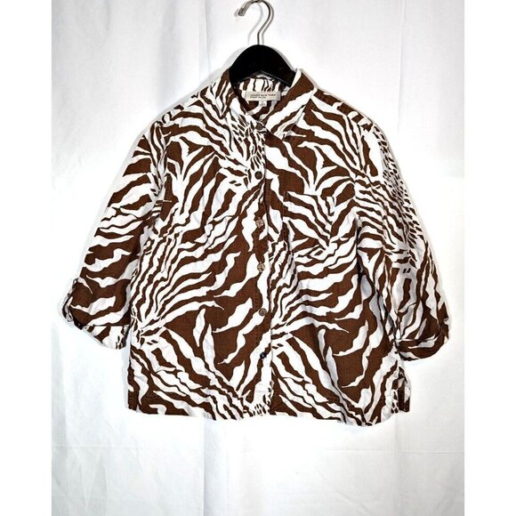 Jones New York Sport Linen Top Womens Size Petite Large PL Zebra Stripe Resort - Picture 1 of 8